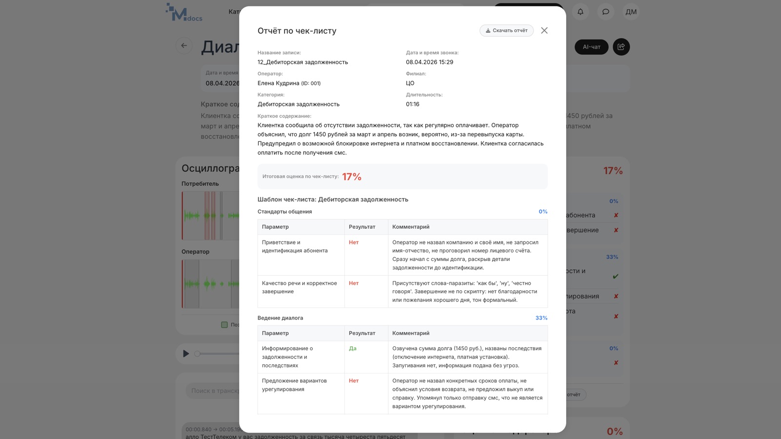 Контроль соблюдения скриптов и выявление нарушений — интерфейс MindSpeech